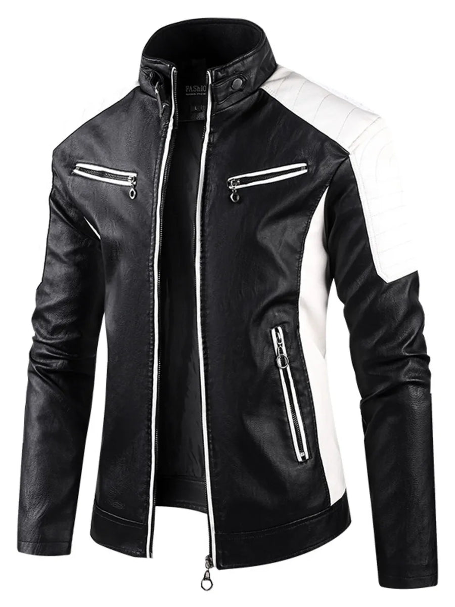 Black faux leather moto jacket with white shoulder panels and white zipper trim