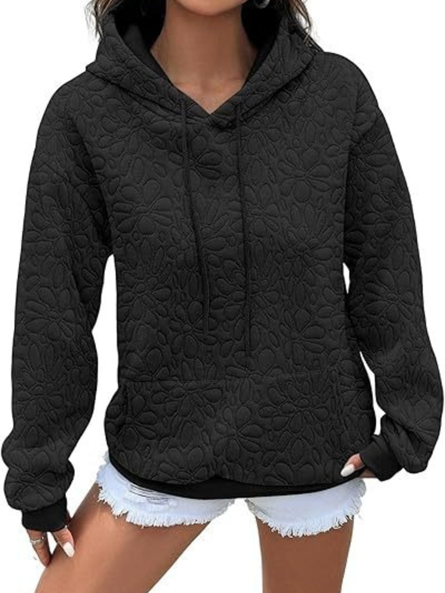 100% polyester Care instructions: Machine wash cold pullover hoodie in black with relaxed silhouette