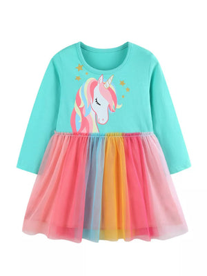 Girls turquoise long sleeve dress with unicorn graphic and rainbow tulle skirt.