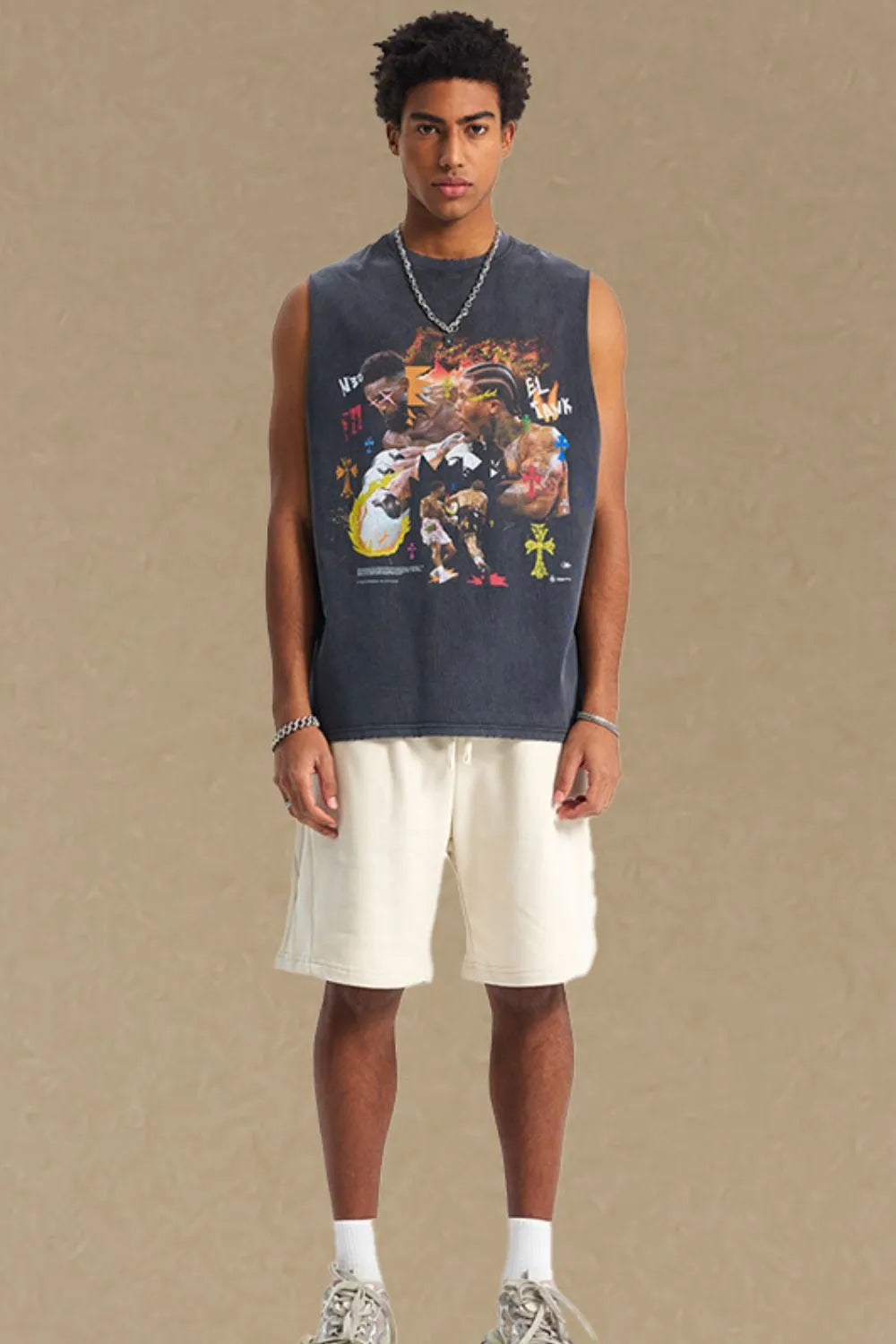 Black graphic muscle tank top with a bold print of figures and crosses.