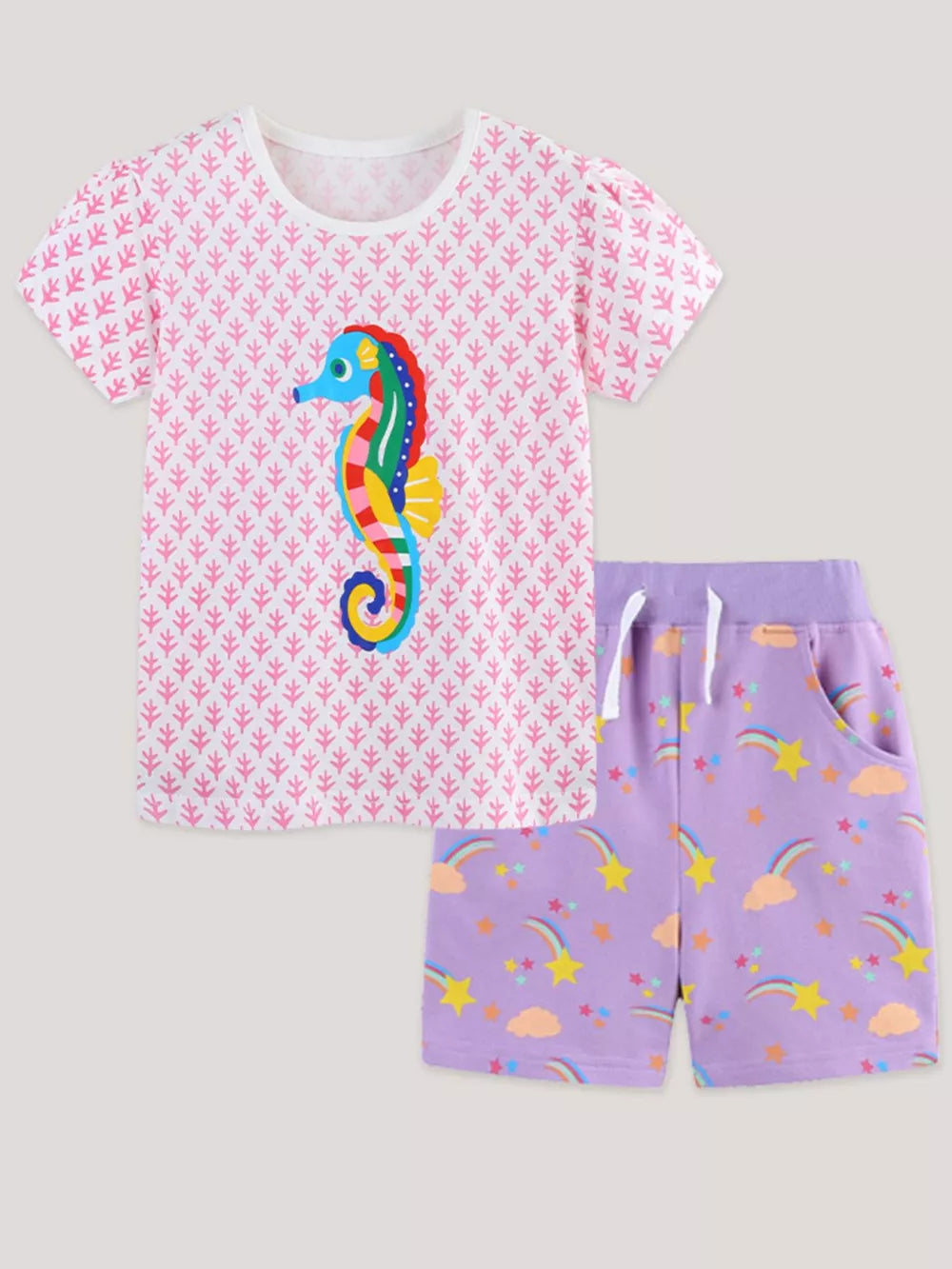 Toddler tee and shorts set with seahorse and rainbow cloud print