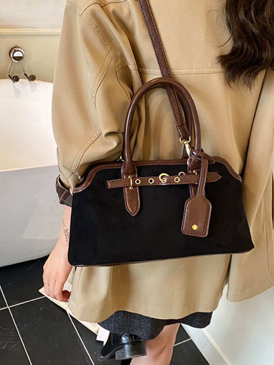 Vintage Buckle Detail Suede Handbag Tote Bag in dark brown with buckle detail