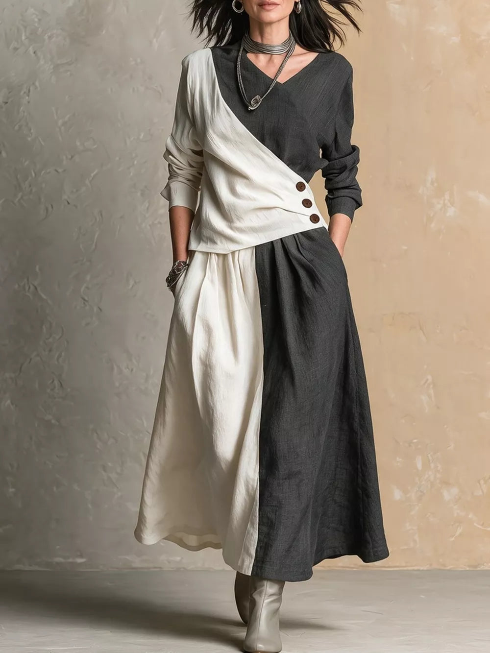 charcoal blouse and maxi skirt set with color-block and v-neck