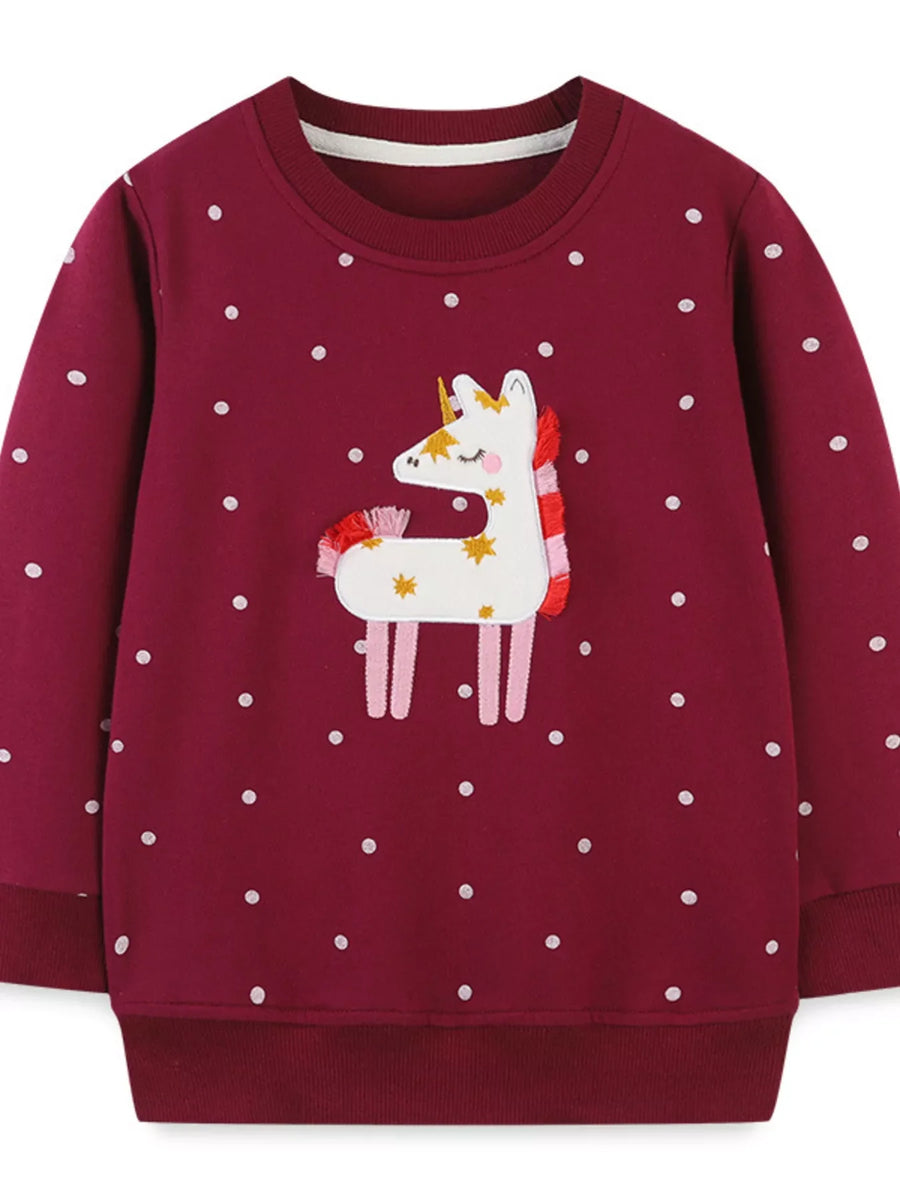 Burgundy baby sweatshirt with embroidered unicorn and polka dots