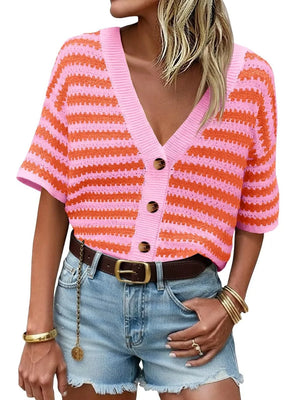 Pink and orange striped knit cardigan with short sleeves and button front.