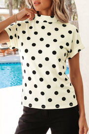 Cream polka dot t-shirt with mock neck and short sleeves