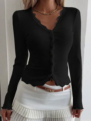 Black ribbed long sleeve top with lace trim neckline and button front