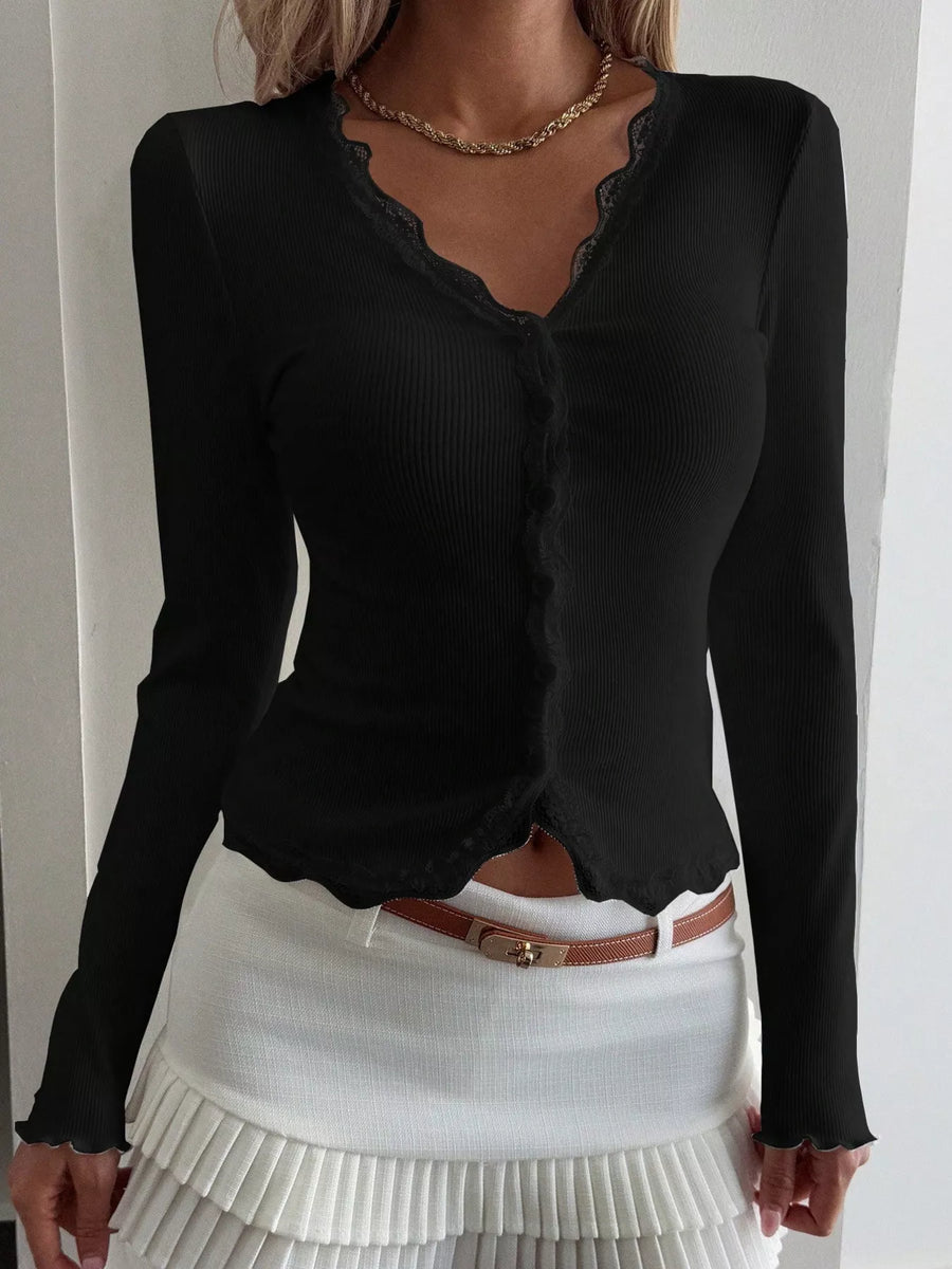 Black ribbed long sleeve top with lace trim neckline and button front