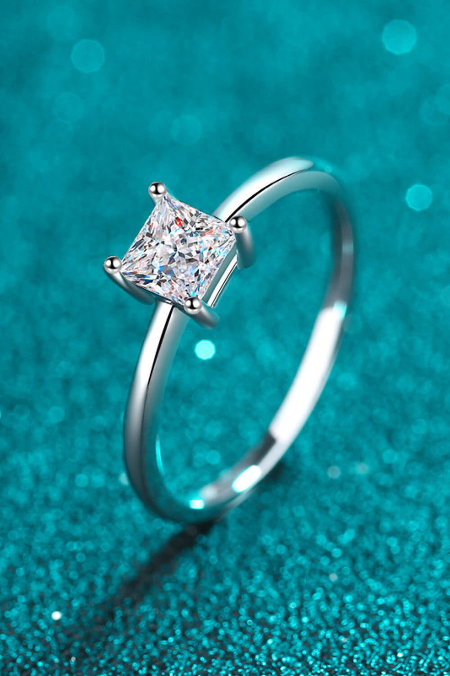 Silver ring with a square-cut moissanite gemstone