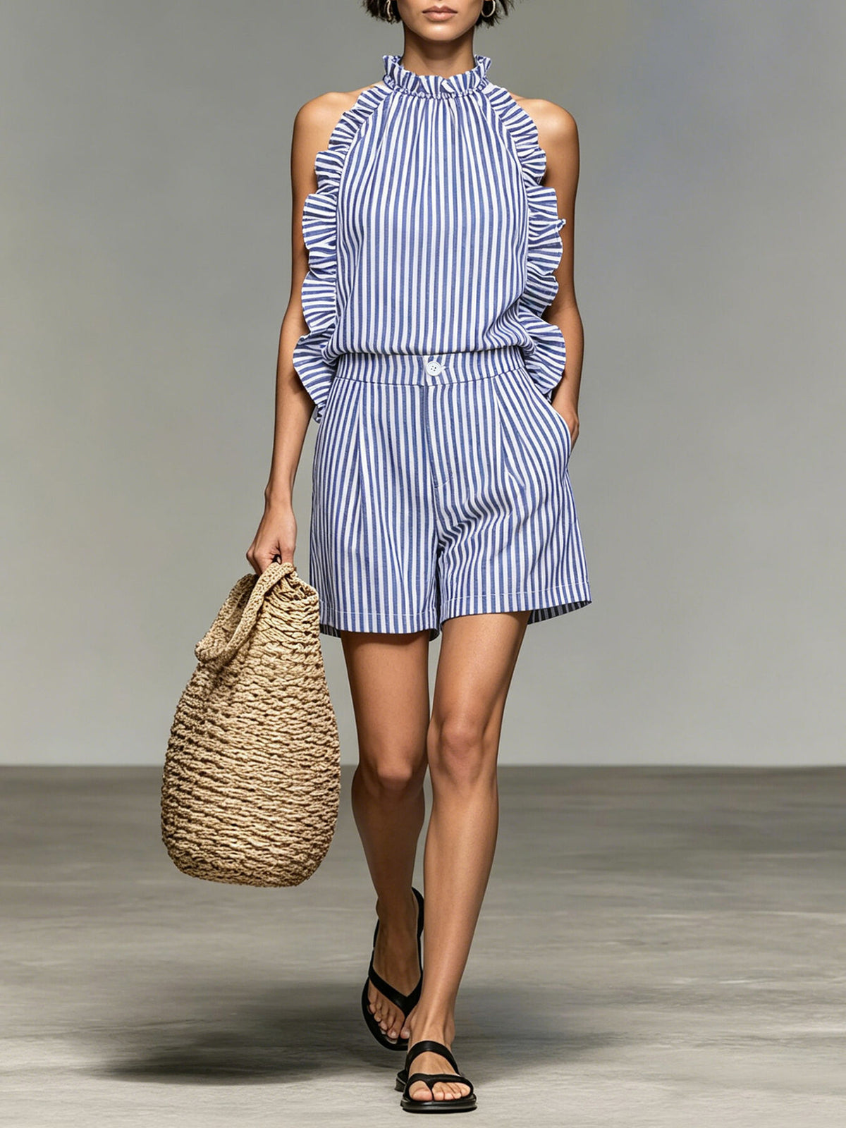white shorts set with striped and halter