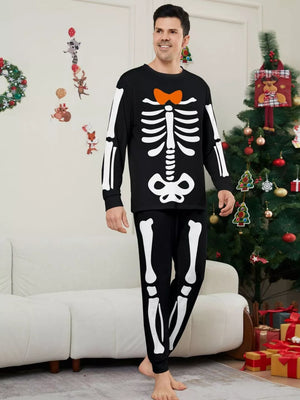 pajama set in black with skeleton print and two-piece