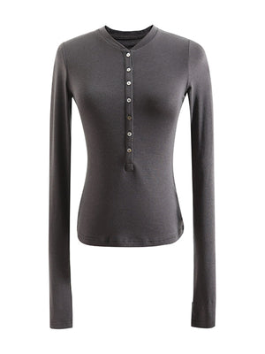 Khaki henley with hip-length and half-button