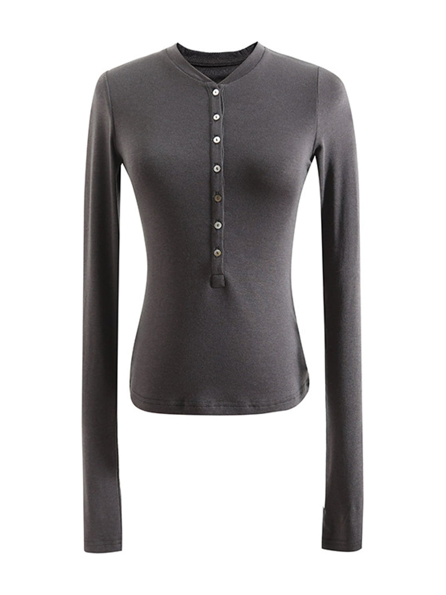 Khaki henley with hip-length and half-button