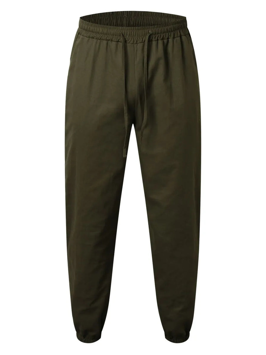 Army green relaxed-fit drawstring cuffed trousers with elastic waistband