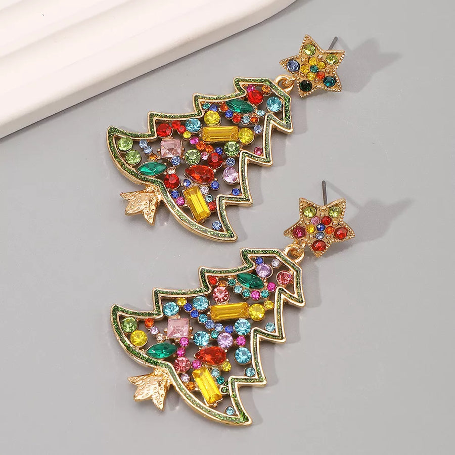 Festive rhinestone tree dangle earrings with colorful star tops and gold alloy details.