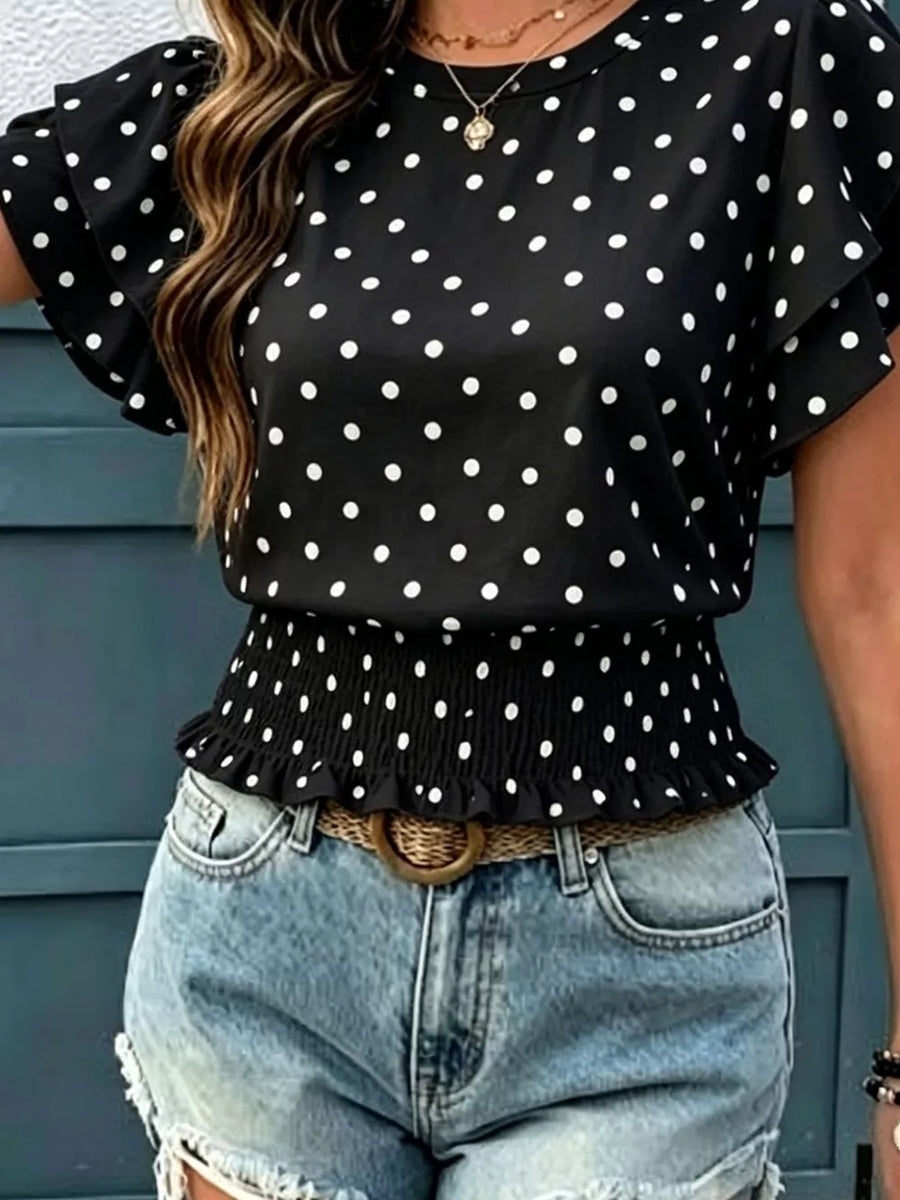 Polka Dot Ruffle Sleeve Blouse in Black