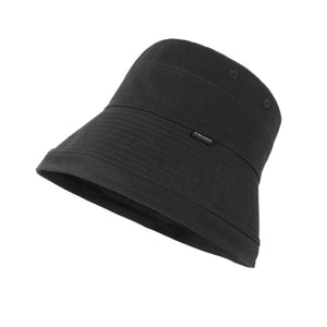 Black cotton bucket hat with wide brim and stitched detail.