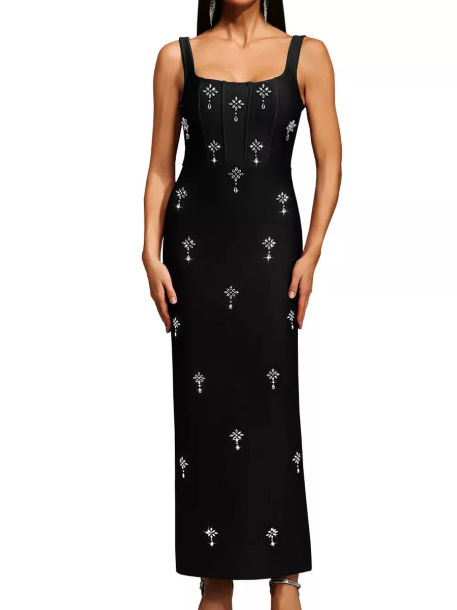 100% polyester Care instructions: Machine wash cold bodycon dress in black with fitted silhouette