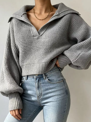 Gray Oversized Collar Ribbed Cropped Sweater