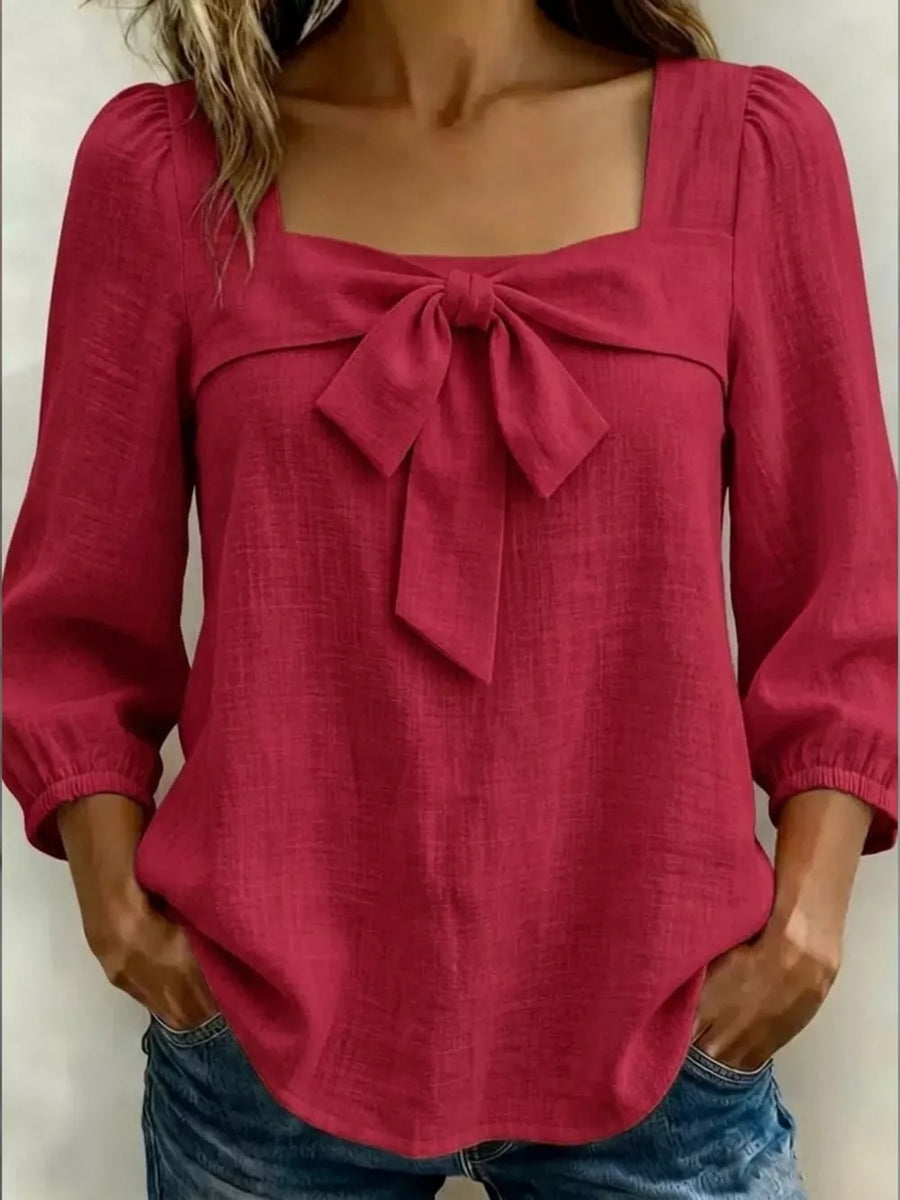 Full Size Bow Front Square Neck Blouse Plus Size in Navy Blue