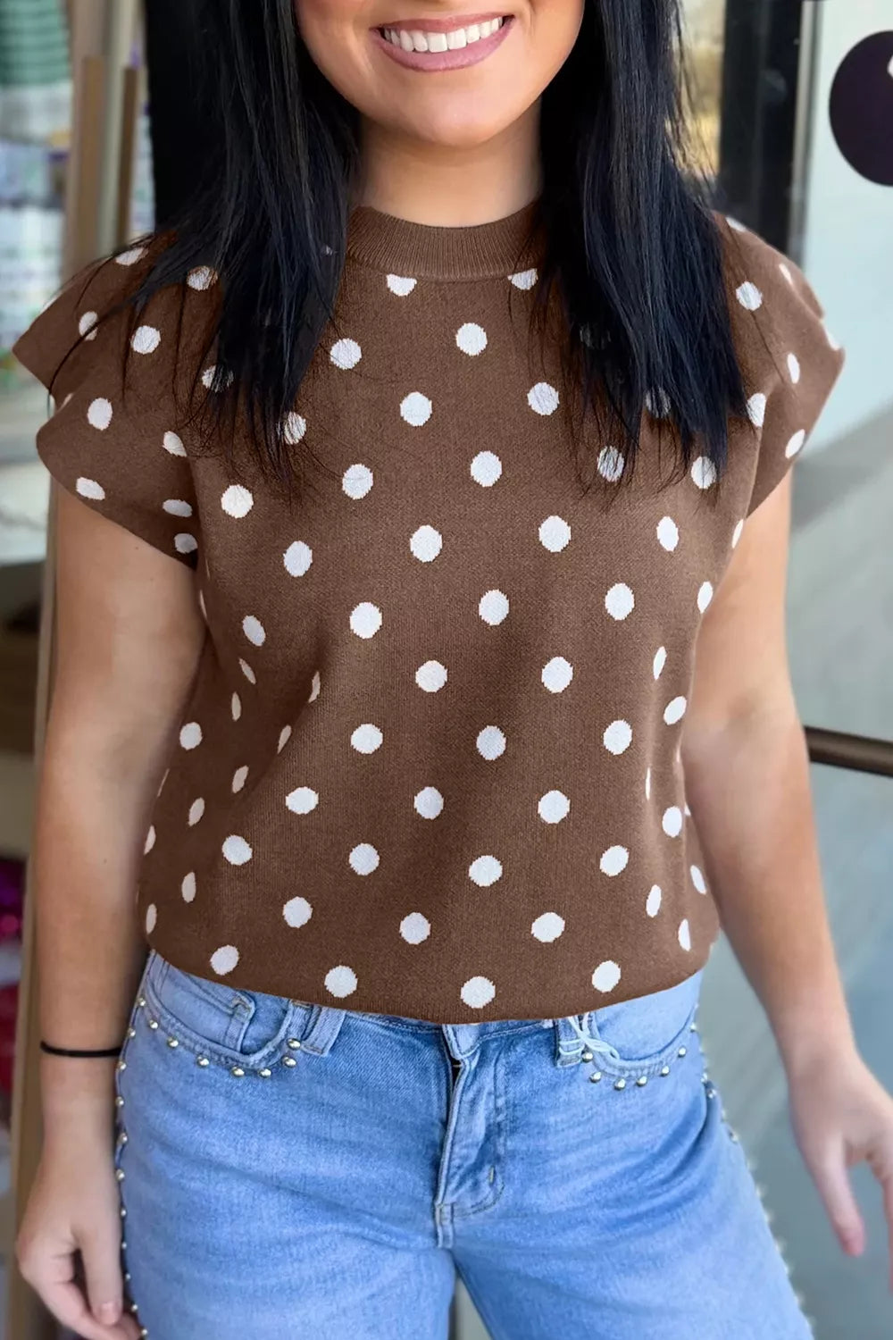 Dark Brown Dolman Sleeve Polka Dot Sweater
