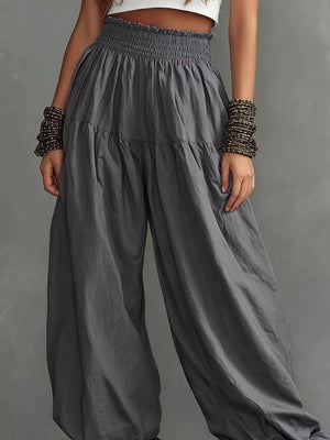 Full Size Smocked Ruffle Hem Wide Leg Pants in Mustard, view 12