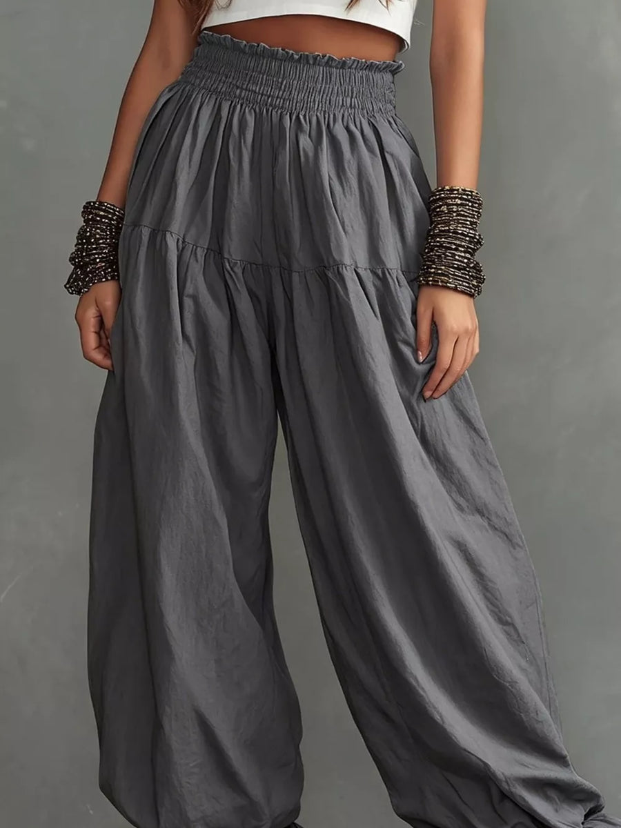 Full Size Smocked Ruffle Hem Wide Leg Pants in Mustard, view 12
