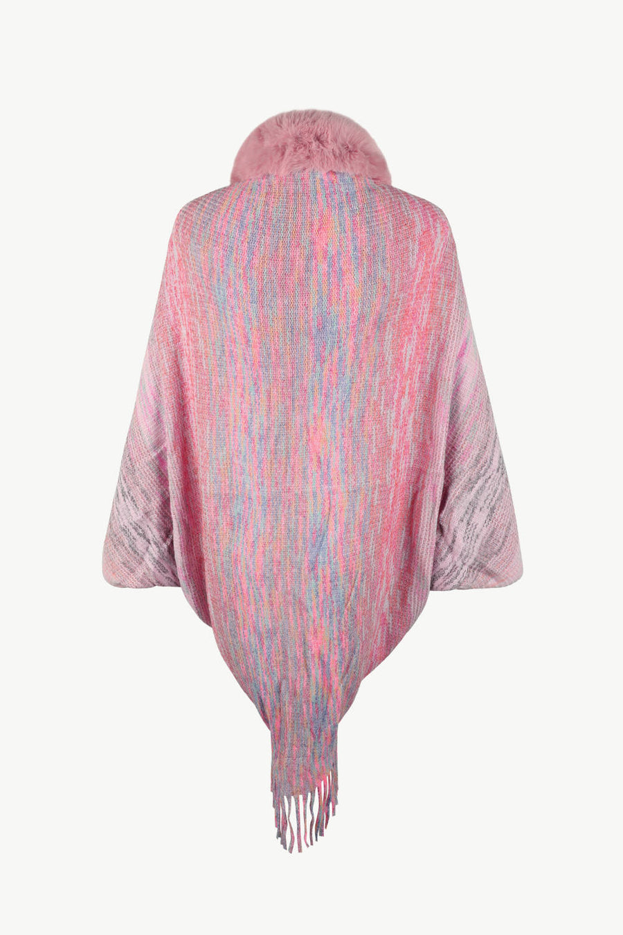 Textured knit cape in dusty pink with faux fur collar and fringe detail