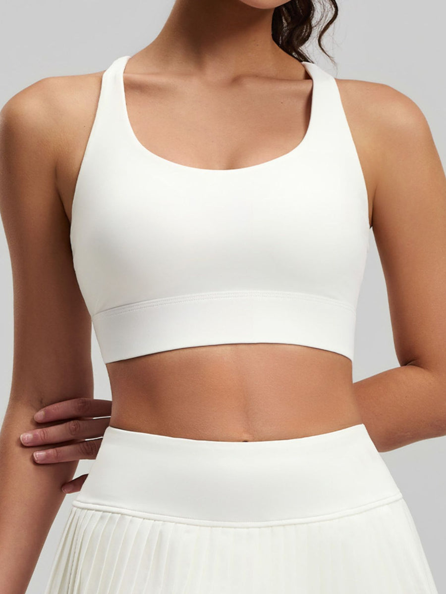 Black fitted sports bra with scoop neck