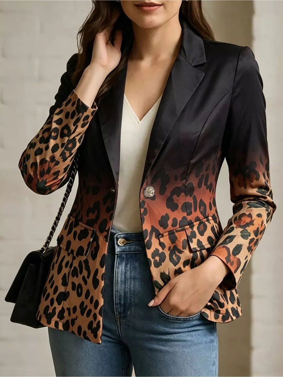 Ombre leopard print blazer with button closure and flap pockets.