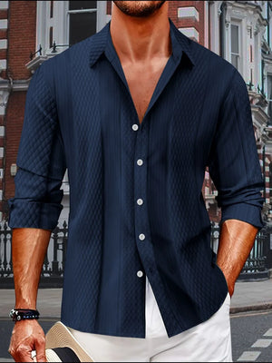 Navy textured quilted panel shirt with relaxed fit and button front.