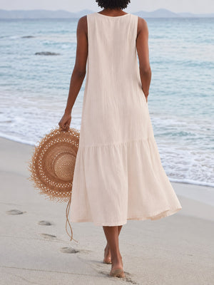 White A-line midi dress with v-neck