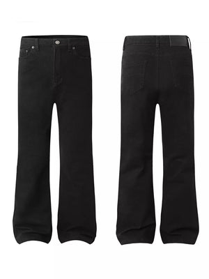 Men's black high-waisted flare leg trousers with a classic five-pocket design.