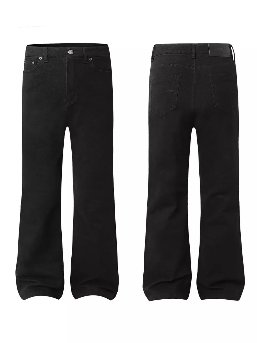 Men's black high-waisted flare leg trousers with a classic five-pocket design.