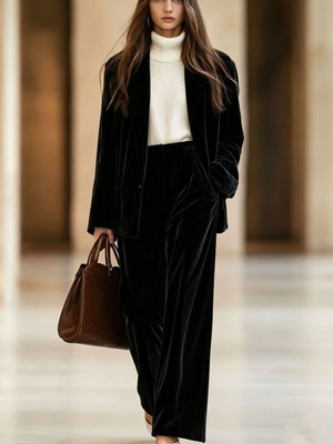 cognac blazer with wide-leg pants and long sleeve