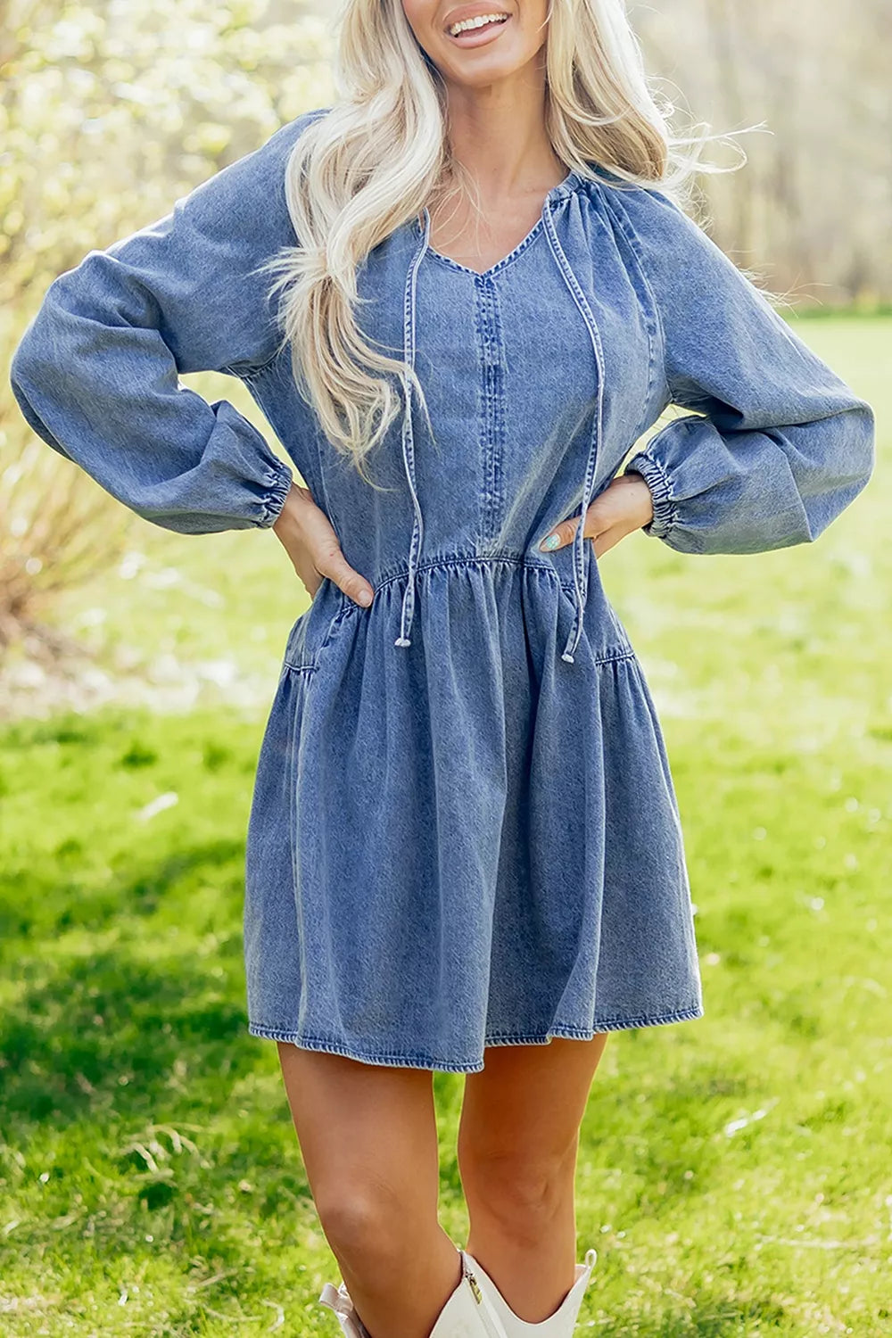 85% cotton, 15% polyester Care instructions: Machine wash cold mini dress in Dusty Blue with loose silhouette