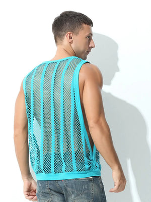 Teal mesh panel tank top with vertical cutouts and a crew neck.