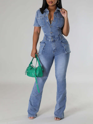 Cotton and spandex denim containing at least 90% but less than 95% cotton jumpsuit in light blue with flared silhouette