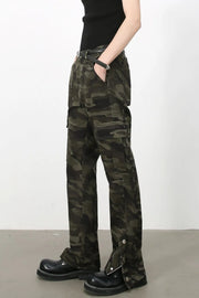 Camouflage utility cargo pants with multiple pockets and adjustable snap detail at the ankle.
