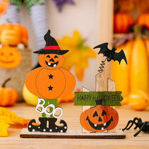 Spooky wooden Halloween scene set with pumpkins, bats, and "Happy Halloween" sign.