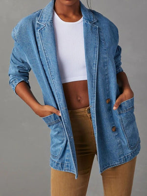 95% cotton,5% spandex Care instructions: Machine wash cold blazer in Light Blue with relaxed silhouette