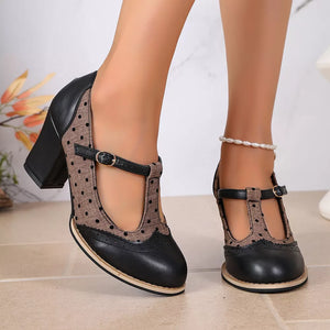 tan pumps featuring point toe and polka dot