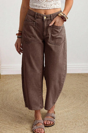Solid Color Square Patch Pocket Barrel Jeans option 4