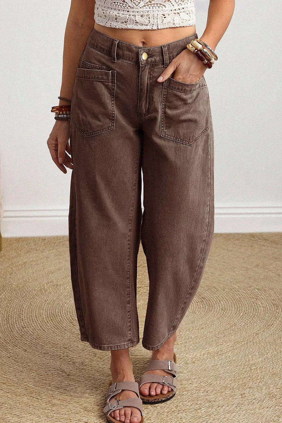 Solid Color Square Patch Pocket Barrel Jeans option 4