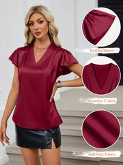 Burgundy satin V-neck blouse with ruffled flutter sleeves and a soft silk fabric feel.