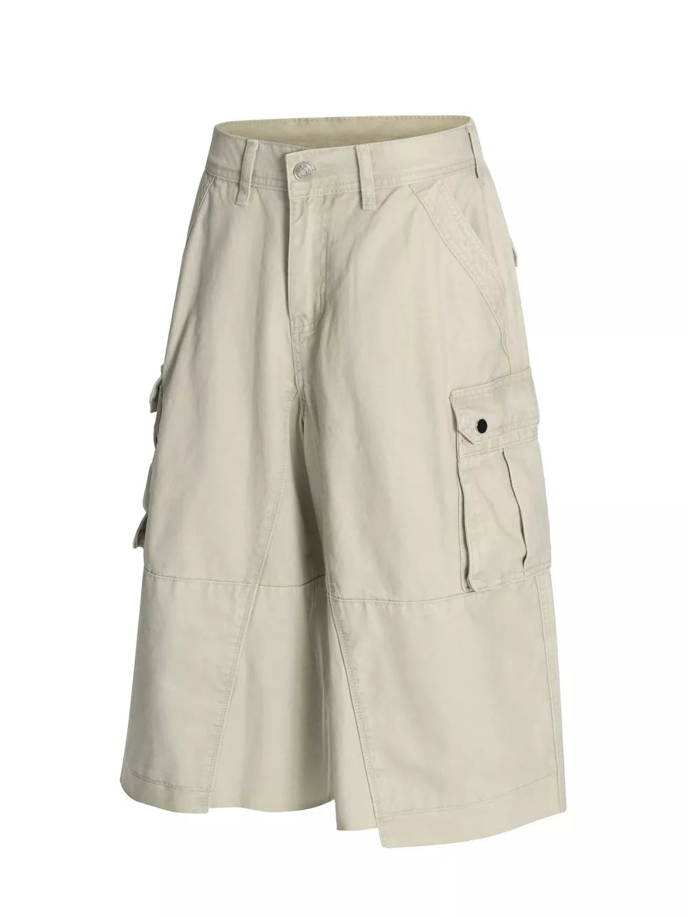 Men's apricot cargo shorts with multiple pockets and utility details.