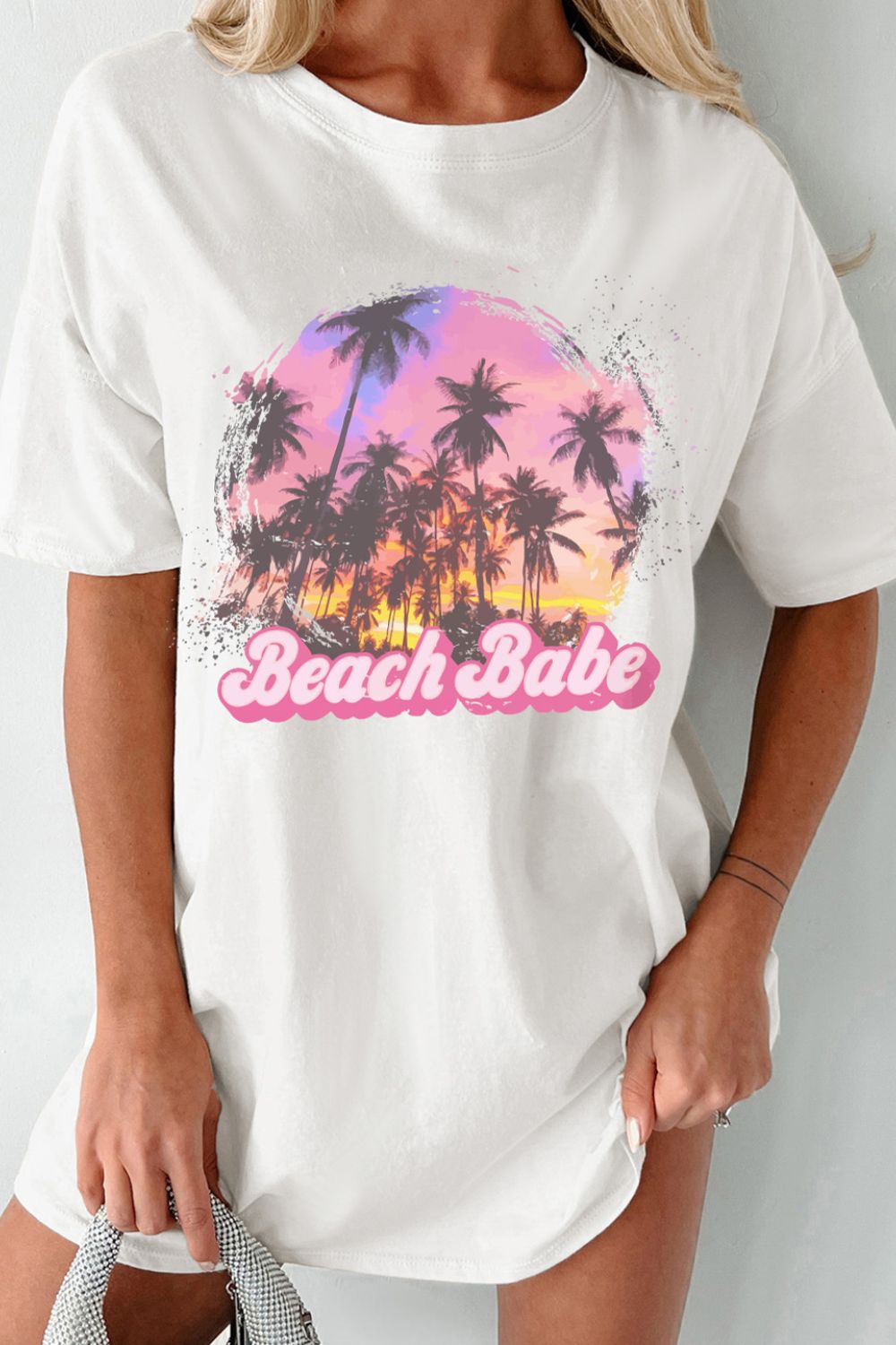White graphic tee dress with palm trees and Beach Babe text, crew neck, short sleeves