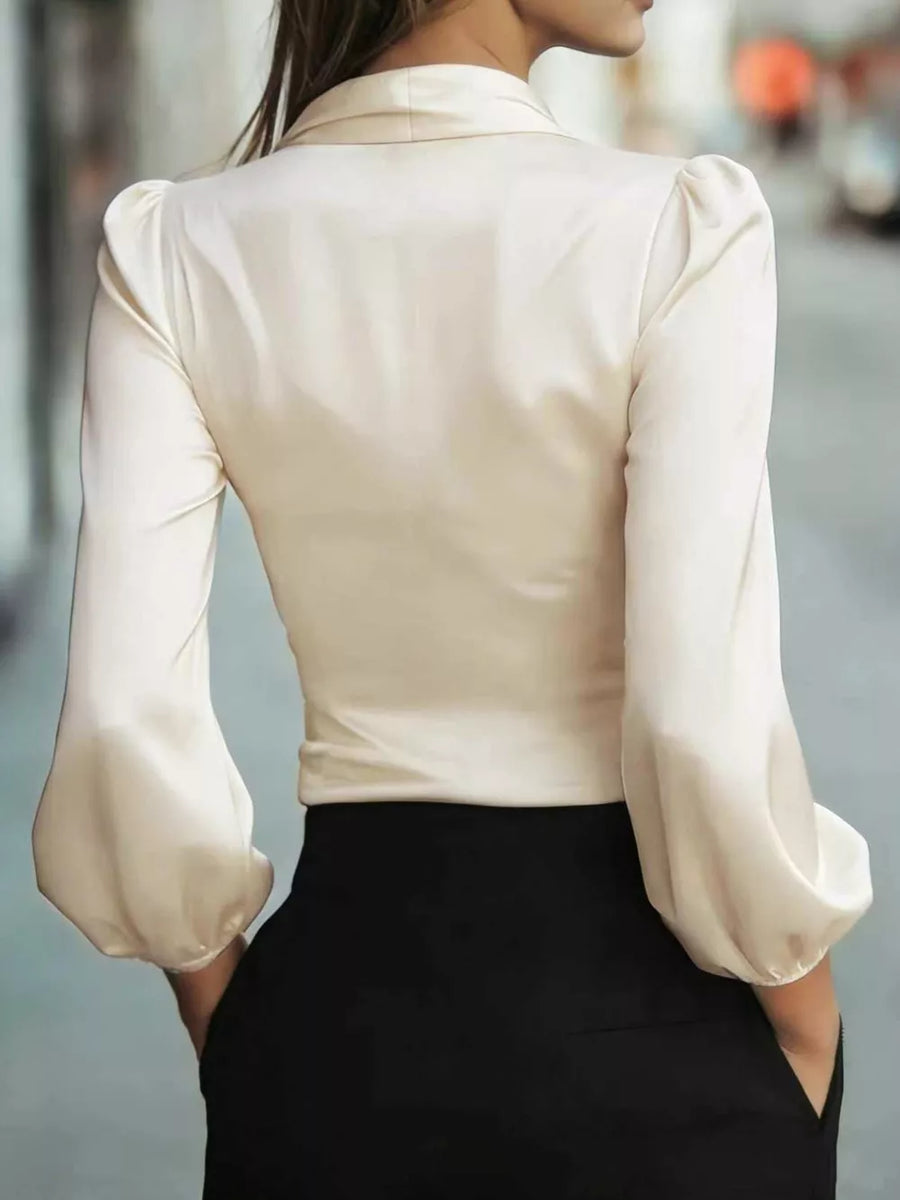 Elegant Satin Wrap Blouse With Bow Detail in Cream