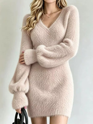 sweater dress in blush pink featuring stretch and bodycon fit