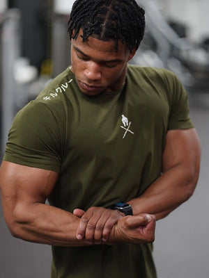 Army green muscle fit tee with white Spartan graphic and Japanese text.